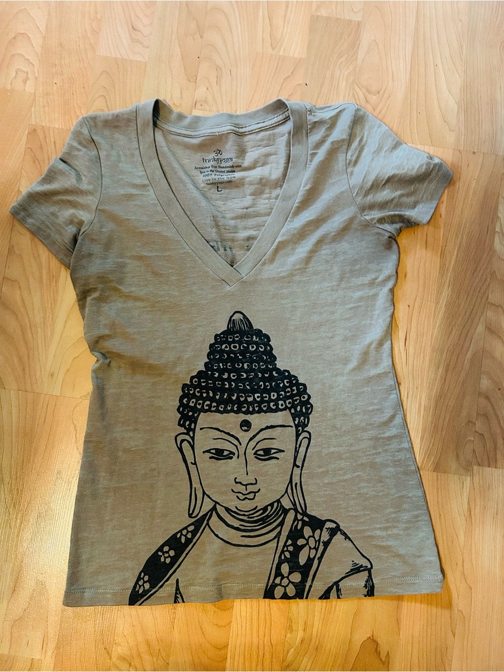 Women’s Taupe V-Neck Tee with Buddha Graphic